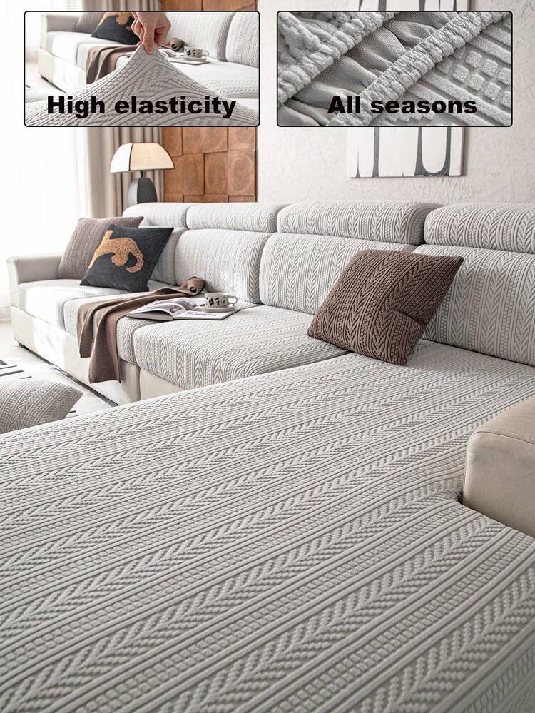 1pc Stretchable Fleece Material All-Season Elastic Sofa Cover, Minimalist Modern Anti-Slip Sofa Protector, Living Room Sofa Cover, Suitable For L-Shaped And 2-4 Seater Sofas - Light Grey - View 1