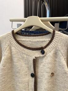 Women's Loose Knit Cardigan, Round Neck Contrast Trim Button Front Cardigan, Thanksgiving Christmas - Apricot - View 11