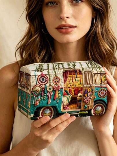 New 2D Mandala Flower, Car, Bus, Forest Pattern Quilted Makeup Bag, Lightweight And Portable, Stackable Storage; Made Of Breathable Mesh And Washable Lining; Suitable For Storing Makeup Brushes, Lipsticks, Skincare Bottles, Jewelry And Other Items, Meeting Daily Organization, Overnight Travel, Vacation And Gym Storage Needs; An Ideal Choice For Travel Enthusiasts, Helping You Organize Small Items Neatly And Conveniently.