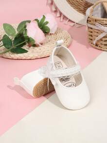 1 Pair Girls Solid Color Bow PU Hook & Loop Design Soft Sole Non-Slip 0-18 Months Infant Shoes Elegant Princess Style Shoes Suitable For Spring And Autumn - White - View 3