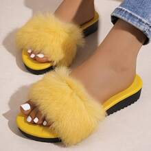 Women's Long Fur Wedge Slippers, Rabbit Fur Slide, Non-Slip Platform Sole, Casual Outdoor Slippers - Ginger - View 2