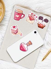 50 Peças Adesivos Decorativos de PP Vermelho para o Dia dos Namorados, Ilustrações Feitas à Mão de Corações, Caixas de Presente, Câmeras, Rosquinhas e Gatos, Para Colagem de Diário, Cartão Kuka, Garrafa de Água, Bagagem, Decoração DIY do Dia dos Namorados, Suprimentos Escolares, Volta às Aulas - Multicolorido - Visão 3