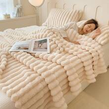 1pc Solid Color Striped Soft Warm Plush Blanket, Room Decor Multi-Functional Throw Blanket, Suitable For Bed, Sofa, Travel, Office, Bedroom Decoration Home Decor Autumn Decor All Season Use, Perfect Christmas And Halloween Gift For Friends And Family - Milky White - View 8