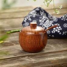 1pc Wooden Salt Cellar With Lid And Spoon, 3.5 Inch/9cm Wooden Salt Jar, Suitable For Kitchen Countertop, Unique Wooden Spice Container, Suitable For Home And Kitchen, 6oz Capacity - Brown - View 3