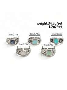5pcs Vintage Distressed Cross Texture Natural Stone Ring Set, Asymmetrical Textured Colorful Stone Rings, American Punk Men's Stackable Hand Jewelry - White K - View 7