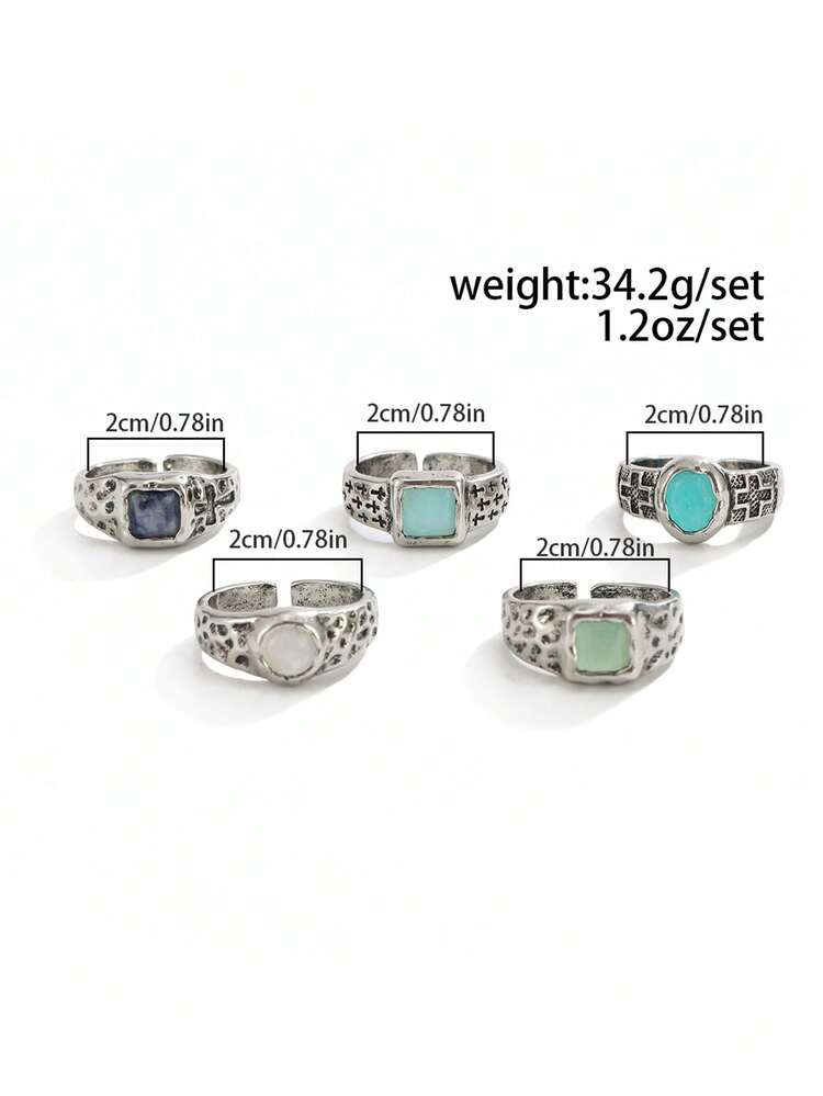 5pcs Vintage Distressed Cross Texture Natural Stone Ring Set, Asymmetrical Textured Colorful Stone Rings, American Punk Men's Stackable Hand Jewelry - White K - View 6