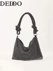 Dedoo Women's Rhinestone Decorated Bohemian Style Shoulder Bag, Trapezoid Underarm Bag, Knotted Rhinestone Braided Strap, Modern Fashion Handbag, Suitable For Nightclub, Date, Vacation - Black - View 6
