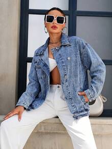 Mobula Sound#Spring/Autumn Versatile Fashion Denim Jacket, Asymmetrical/Asymmetrical Collar, Long Sleeve, Suitable For Campus, Vacation, Daily, Dating, Travel, Airport - Blue - View 4