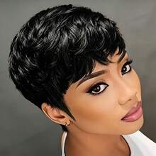 Short Pixie Cut Wig For Women Virgin Human Hair Full Machine Made Short Wigs With Bangs For Daily Wear Pixie Cut Straight Style Perfect For Women Natural Color - Natural Black - View 3