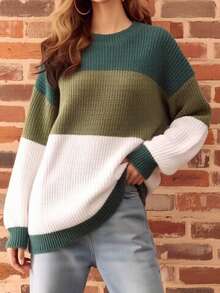 Fashionable Plus Size Striped Sweater, Bold Color Block Round Neck Pullover, Cute Plus Size Top For Daily Wear Fall - Multicolor - View 3