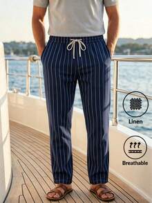 Linen Summer Beach Pants, Drawstring Vertical Striped Straight Leg Comfortable Breathable Casual Trousers For Men - Navy Blue - View 1