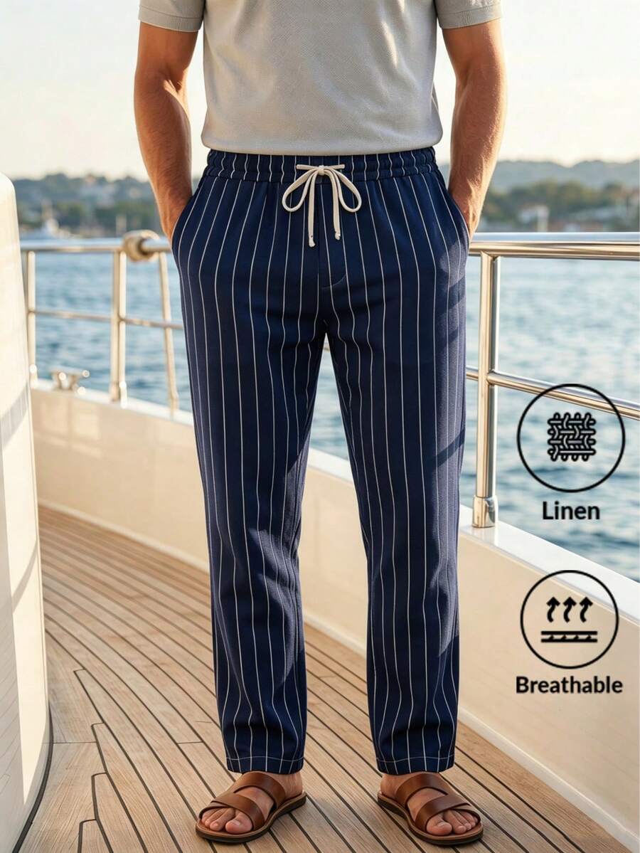 Linen Summer Beach Pants, Drawstring Vertical Striped Straight Leg Comfortable Breathable Casual Trousers For Men - Navy Blue - View 1