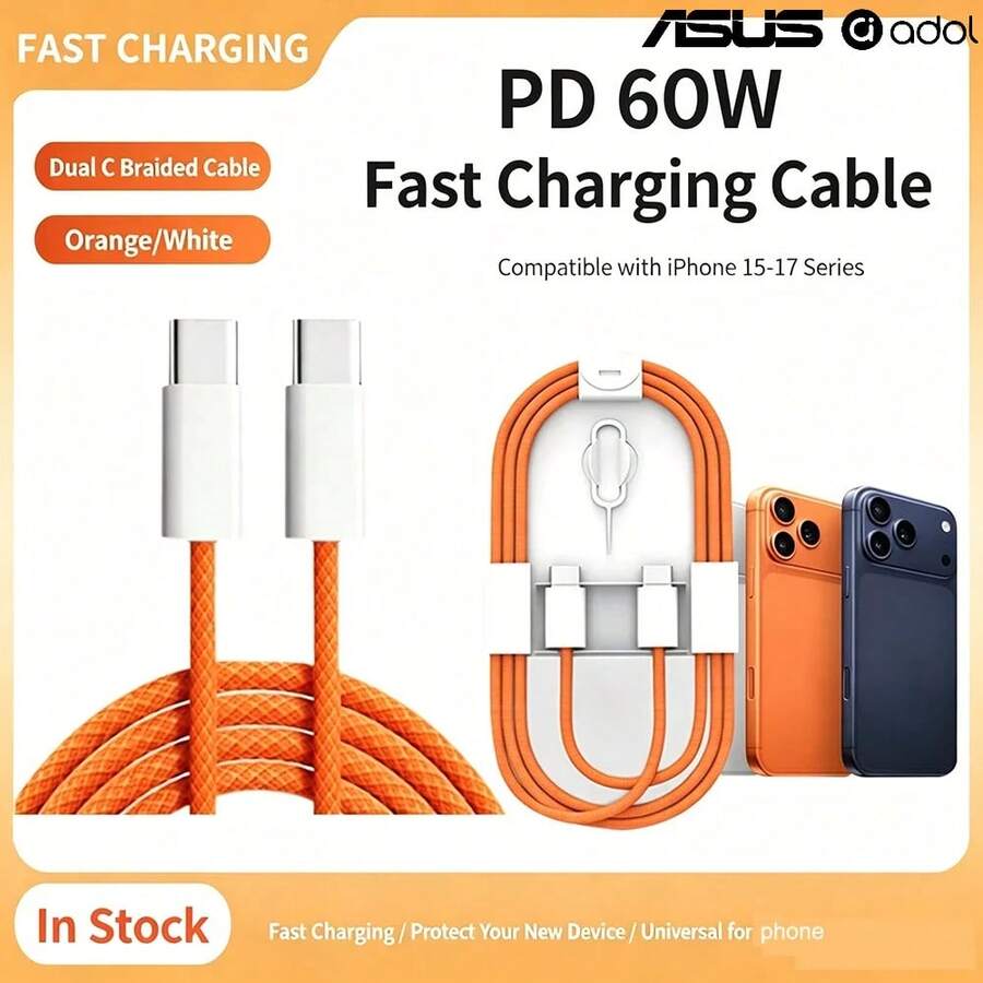 ASUS 60W USB-C To USB-C Braided Fast Charging Cable, 3.3ft Universal Type-C Braided Charging Cable Compatible With IPhone 17, 16 Pro Max, Samsung S25/S24, Laptops, MacBook Air, IPad, Switch, And All Type-C Devices. - Orange - View 1