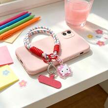 1pc Official Licensed Sanrio KT Woven Phone Wrist Strap Lanyard, Durable Polyester Rope With KT Pendant And Heart-Shaped Buckle, Comes With Installation Pad For Easy Setup, Anti-Loss And Anti-Drop Design, Suitable For Daily Commute, Shopping And Outdoor Carrying - A - View 3