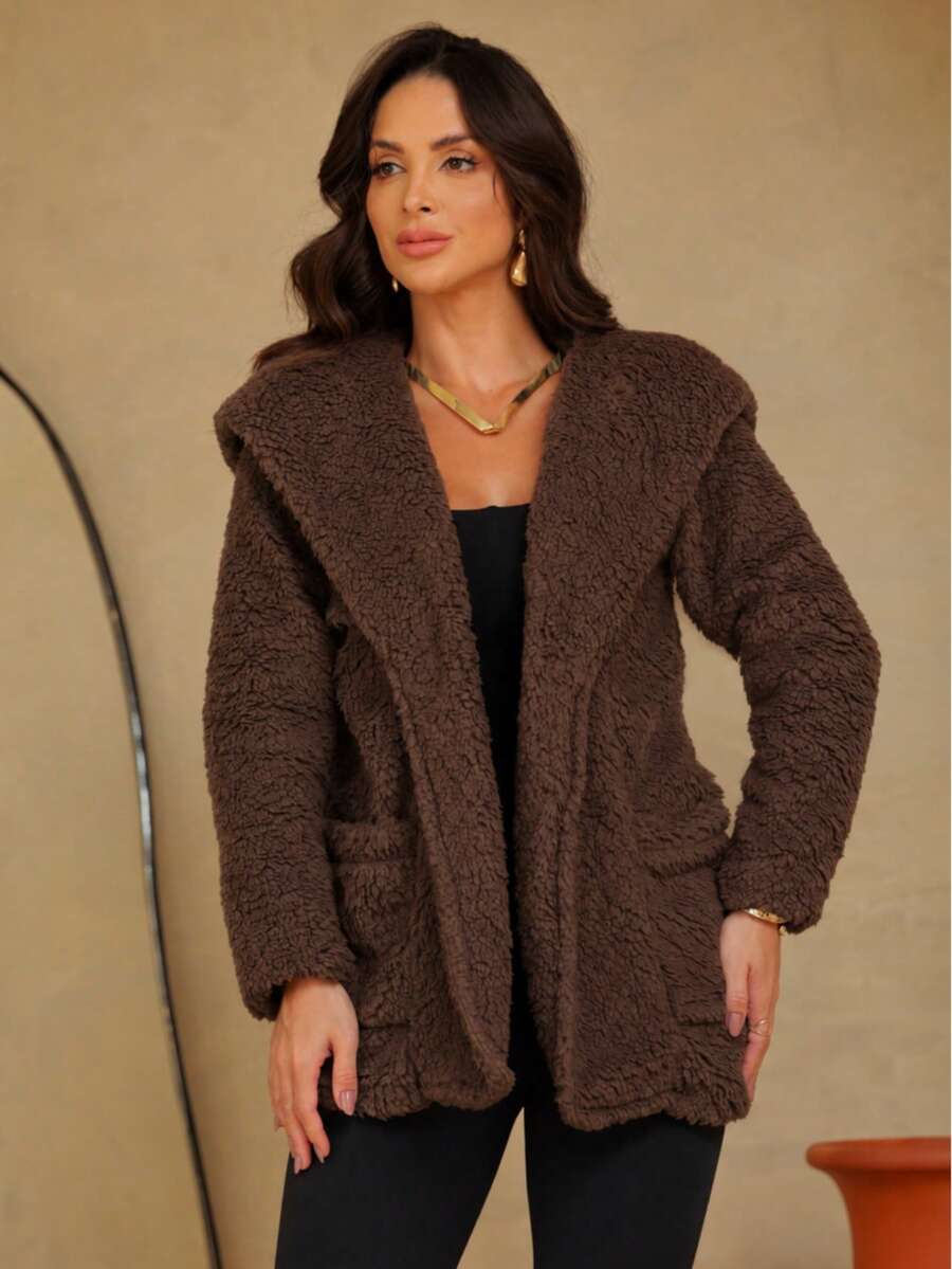 Women's Teddy Jacket With Hood And Lined Pockets - 咖啡棕 - 查看 1