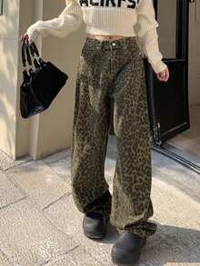 Women's American Style Leopard Print Wide Leg Jeans, Spring/Autumn Design, High Waist Slimming Height-Enhancing Loose Straight Leg Denim Pants, - Picture Color - View 5