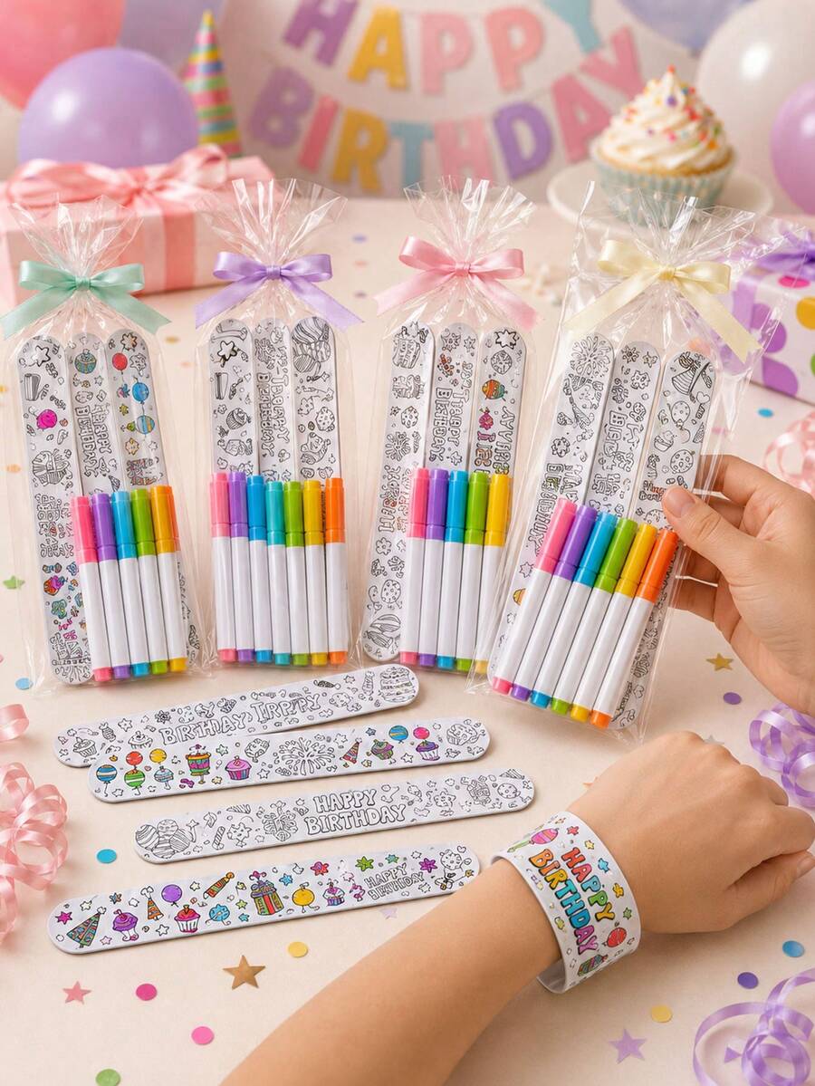 32/22/14/6pcs Birthday Theme Coloring Pages, Party Favors, Birthday Party Interactive Prizes, Party Gifts, Suitable For Filling Birthday Gift Bags (No Other Accessories Included) - Birthday Theme Doodle Bracelet - View 1