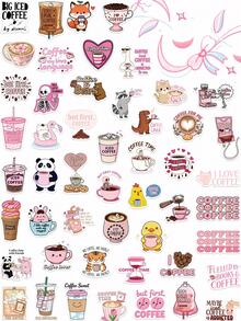 50pcs Fun Coffee Stickers, Pink Cartoon Doodle DIY Notebook Diary Stationery Bottle Stickers, Student Gift - Multicolor - View 10
