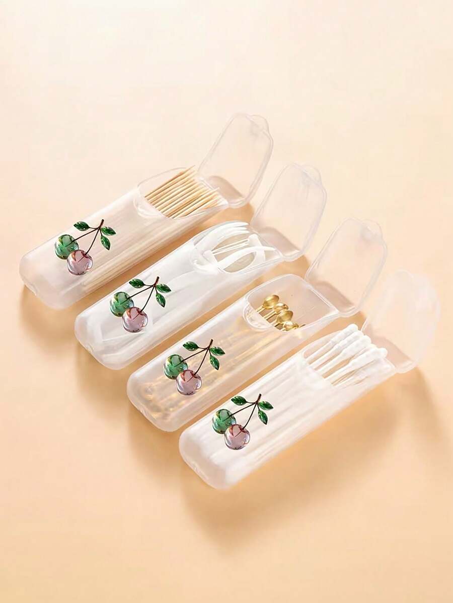 4/1pc Pink & Green Crystal Cherry Pattern Portable Travel Storage Box - Toothpick, Floss & Daily Organizer Storage Box, Compact & Convenient, Travel Storage Box, Mini Storage Box, Suitable For Carrying Small Items, Leak-Proof Travel Pill Storage Box, Portable Cotton Swab Box, Can Be Used As Holiday Gift