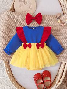 Baby Girls Autumn New Fashion Versatile Cute Dopamine Color Block Casual Bodysuit With Ruffle Hem, Bow Decor, Mesh Fabric, Matching Hair Tie, Suitable For Outdoor Wear - Multicolor - View 1