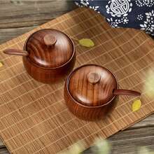 1pc Wooden Salt Cellar With Lid And Spoon, 3.5 Inch/9cm Wooden Salt Jar, Suitable For Kitchen Countertop, Unique Wooden Spice Container, Suitable For Home And Kitchen, 6oz Capacity - Brown - View 5