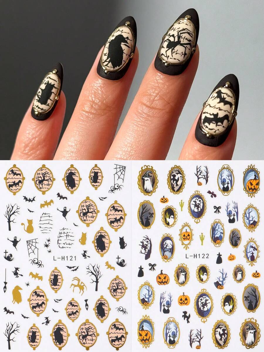 2 Peças Adesivos de Arte de Unhas com Moldura Dourada para Halloween, Silhueta Escura Vintage, Fantasma, Abóbora, Árvore Murcha, Aranha, Padrão de Morcego, Decoração de Unhas DIY para Festa de Halloween em Estilo Gótico, Suprimentos de Arte de Unhas de Outono