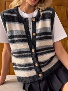JIANHU Autumn/Winter Striped Knit Vest, Women's Comfortable Fuzzy Sweater Vest, Button Front, Casual Layering Fall - Dark Gray - View 5