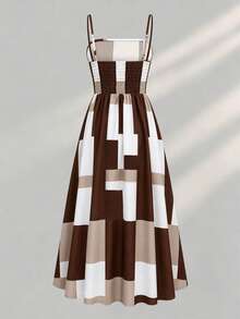 Set Gaun Elegan 2 Potong, Gaun Elegan Motif Kotak-kotak + Atasan Kardigan, Pakaian Sehari-hari Musim Panas - Coffee Brown - View 5