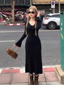 Sweet Pure Style V-Neck Bow Design Long Sleeve Knit Bodycon Dress For Women, Youthful And Age-Reducing - Black - View 4