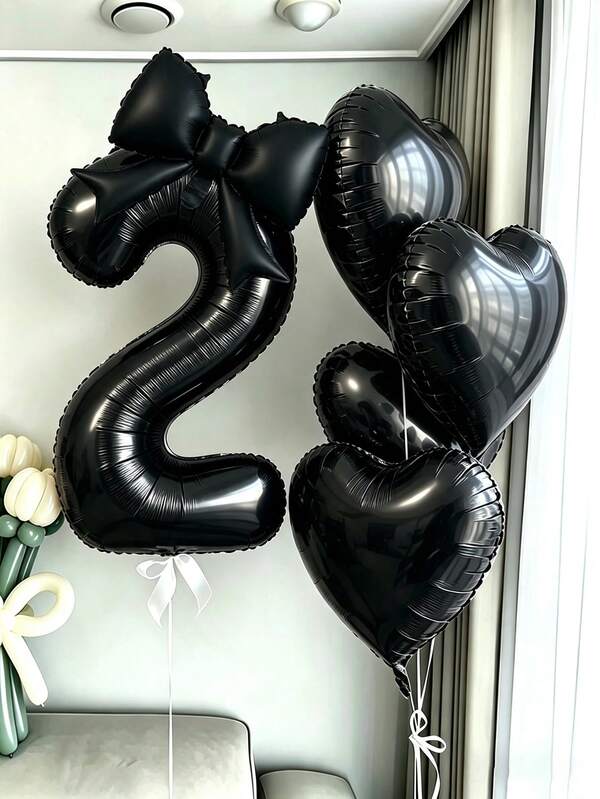 Set Balon Angka & Hati Hitam Isi 6 Buah, Termasuk Balon Angka 0-9 dengan Hiasan Pita dan Balon Hati yang Serasi - Cocok untuk Pesta Ulang Tahun, Pernikahan, Ulang Tahun, Dekorasi Pesta Hari Valentine - Perlengkapan Pesta Hitam