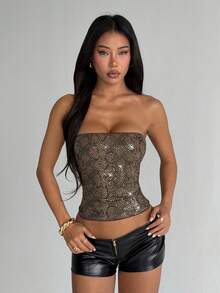 女款時尚蛇紋亮片抹胸上衣，夏季女款豹紋抹胸上衣，簡約時尚女款夏季復古豹紋海灘、度假、秋季萬聖節 - 咖啡棕 - 查看 4
