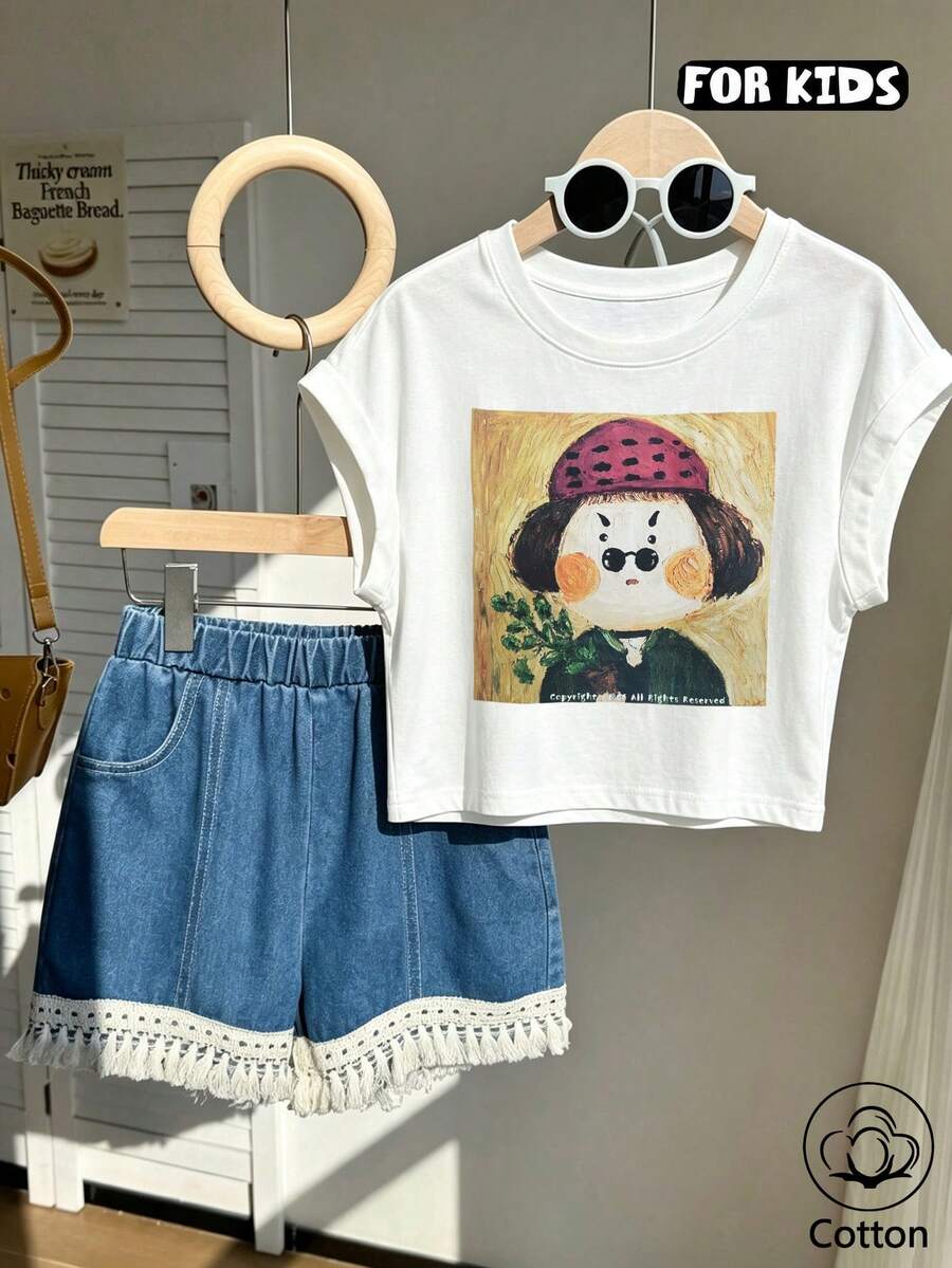 Girls' Summer Short-Sleeve T-Shirt, Fitted T-Shirt, Cotton Knit Fabric, Fashionable Street Style, Cute Cartoon Print - White - View 1