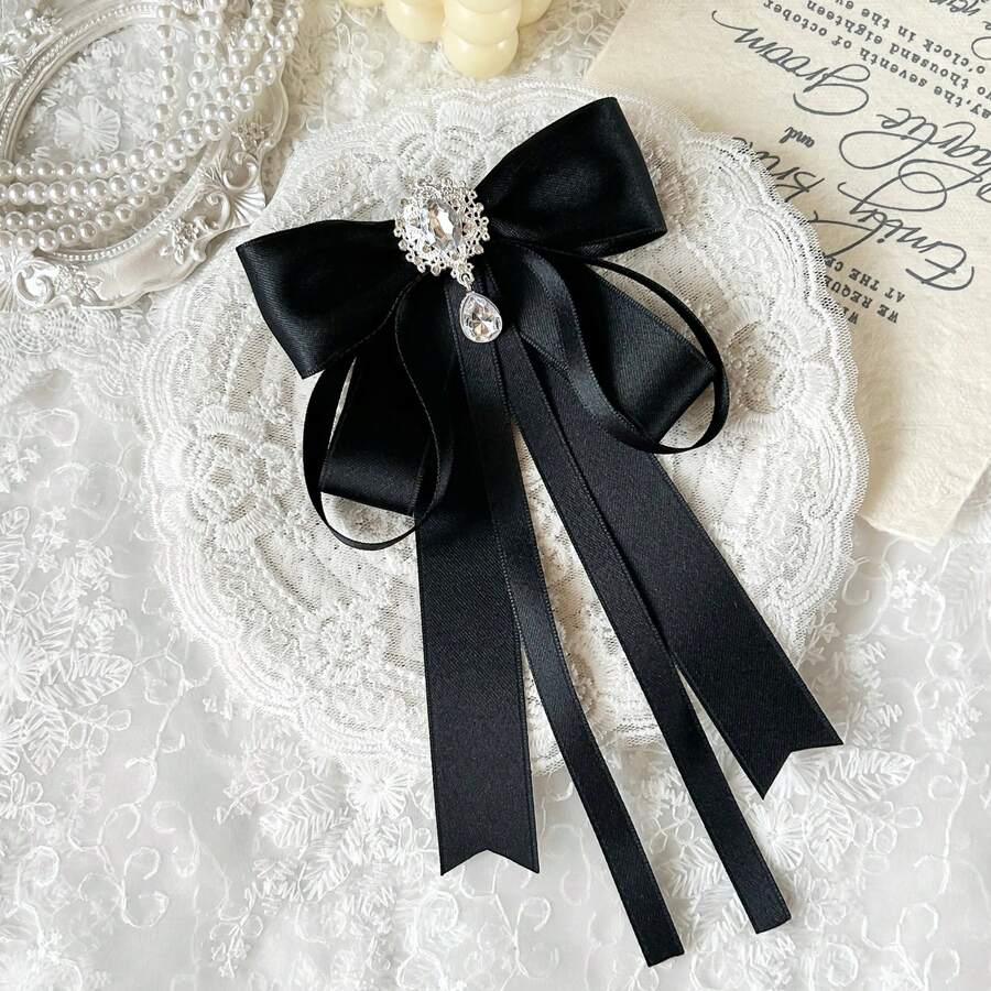 1PC Women's Elegant Exquisite College Style Crystal Decor Accessory, Solid Color Bowknot Ribbon Pin, Suitable For Daily Commute, Party, Graduation Ceremony, Any Occasion, Perfect Gift For Best Friend, Holiday, Travel, Disco - Black - View 1