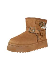 1 Pair Sweet & Cool Metal Buckle Snow Boots, Pearl Pendant Decor, Thick Sole Height-Increasing, Thermal Lined, Versatile Ankle Boots For Women - Camel - View 2