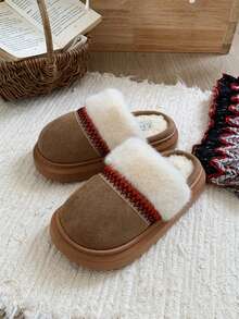XIXITIAO Fluffy Warm Platform Slide Slippers, Fashion Closed Toe Winter House Shoes - Brown - View 4