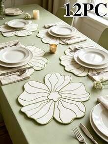 12pcs, Blue 5-Petal Flower Fabric Embroidered Placemats, Non-Slip Heat-Resistant Table Mats, Odorless, Durable And Washable Dish Pads, Practical And Highly Attractive Table Mats, Suitable For Restaurants, Cafes, Homestays, Compatible With Festivals, Parties, Gatherings, Birthdays, Weddings, Dinners. - Multicolor - View 15