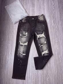Men's Flared Jeans, Men's Flared Pants, Men's Slim Fit Pants, Distressed Flared Jeans With Patchwork, Washed Denim Y2K Stacked Pants, Differential Wash Patchwork Embroidery All-Season Wear - Black - View 2