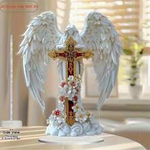 Centro de mesa decorativo plano 2D con formas de ángel y cruz de acrílico y acentos florales - Decoración navideña para el hogar, decoración de Halloween para el hogar, decoración de habitación de mujer - A - Ver 6