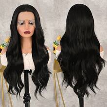 Elegante, lange, schwarze Body-Wave-Spitzenfrontperücke für Damen, 180 % Dichte, 13 x 4 x 1 Zoll, vorgezupfter Haaransatz, kleberfrei, 66 cm lang, hitzebeständig, 180 % Dichte. Ideal für Cosplay, Partys, Alltag, Silvester, Valentinstag und mehr. - Schwarz - Übersicht 3