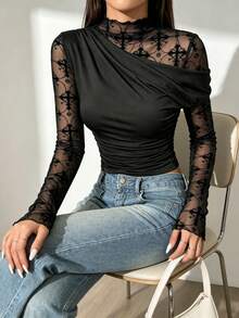Autumn/Winter Pure Black Cross Pattern Lace Mesh Patchwork Asymmetrical Shoulder Long Sleeve Cropped Women's Top T-Shirt Slim - Black - View 2