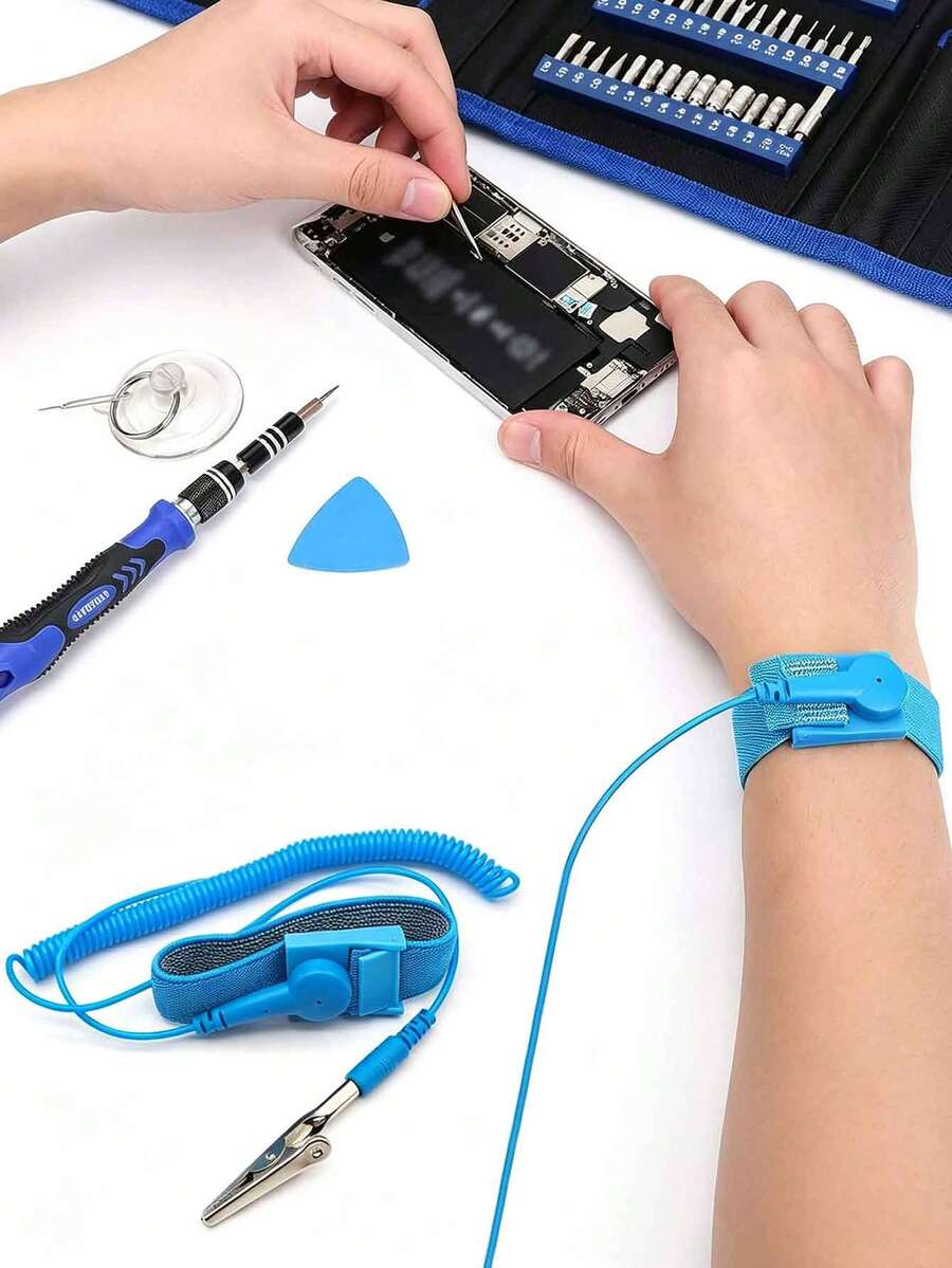 Blue Spring Wire Anti-Static Wrist Strap With Alligator Clip, Electronic Repair Anti-Static Wristband, Electrostatic Protection Tool For Electronic Product Repair - Blue - View 1