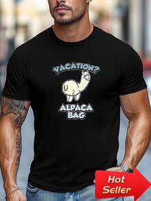 Camiseta de hombre de talla grande, relajada y casual, cómoda y versátil, con un diseño de bolsa de vacaciones con alpaca, de cuello redondo y manga corta, talla grande. - Negro - Ver 1