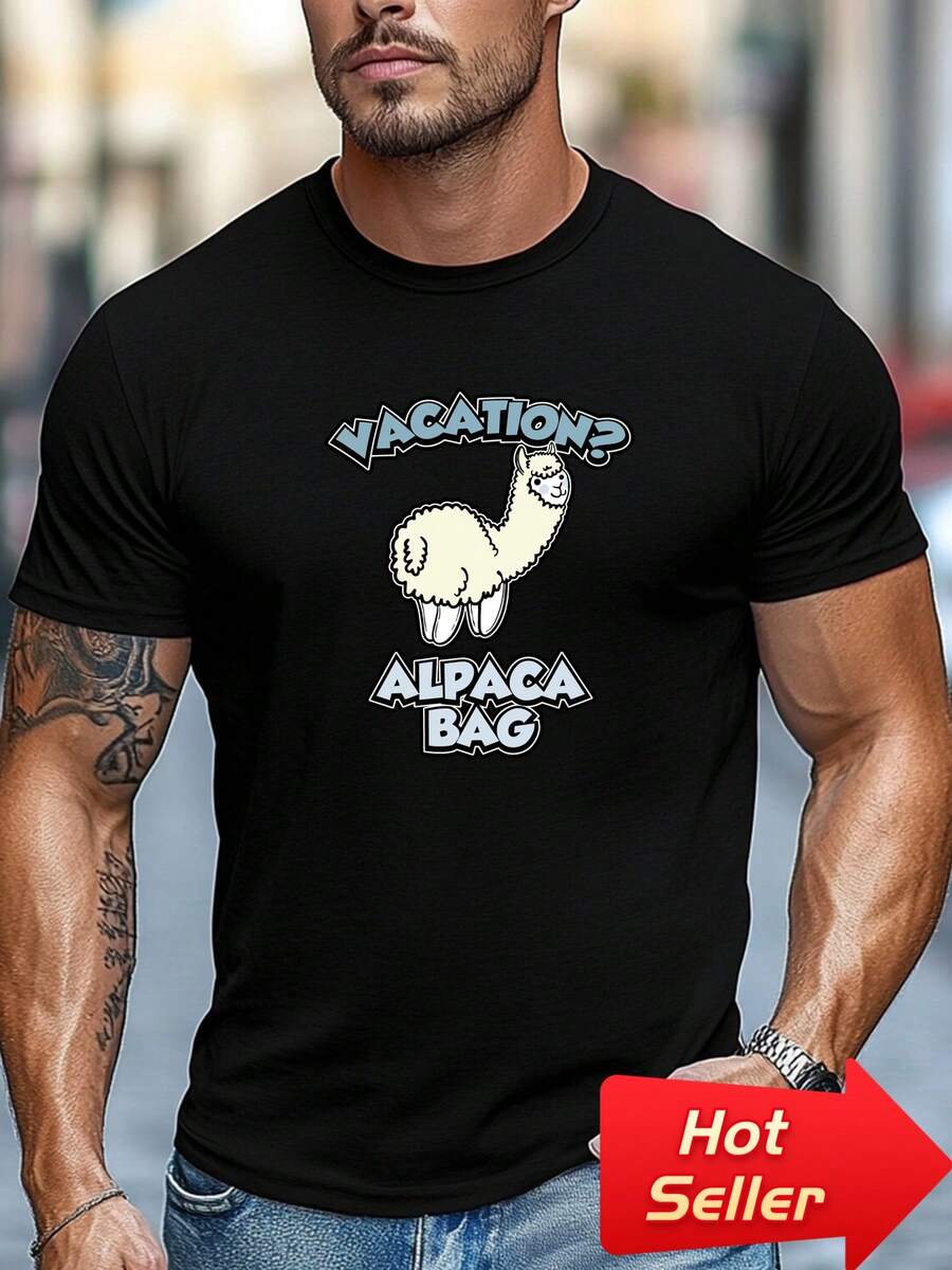 Camiseta de hombre de talla grande, relajada y casual, cómoda y versátil, con un diseño de bolsa de vacaciones con alpaca, de cuello redondo y manga corta, talla grande. - Negro - Ver 1