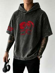 Vintage Washed Hooded Short Sleeve T-Shirt - Manchester Boxing Club Print Men's T-Shirt - Black - View 2