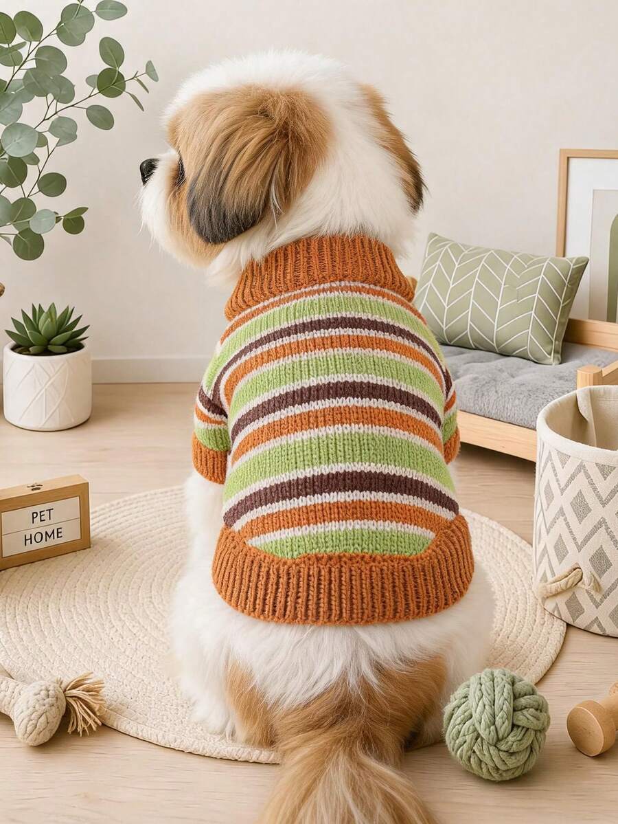 PETCIRCLE 1件裝寵物衣服 小狗幼犬貓用 可愛簡約百搭輕量透氣防風保暖焦糖抹茶色毛衣 - 彩色 - 查看 1