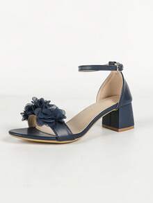 Women's Plus Size Wide Toe Box 3D Mesh Floral Decor Solid Color Open Toe Ankle Buckle Lace-Up Chunky Square Heel Sandals, Gentle Fairy Style, Summer Party, Navy Blue - Royal Blue - View 7
