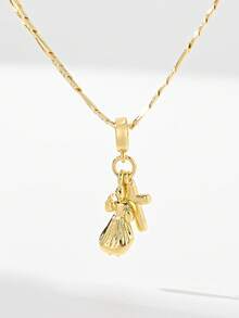 1PC European And American Classic Style Copper Suitable For Layering Small Size Vintage Gold Dancing Girl Cross Guardian Light Limited Edition Pendant Necklace, Suitable For Christmas/Thanksgiving/Halloween/Mother/Valentine's Day Couples/Friends/Fellow Believers Gifts, Catholic First Communion, Gifts, Daily Holiday Wear Prayer - Yellow Gold - View 2