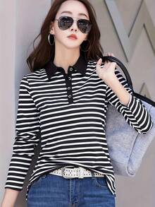 Women's Autumn Striped Colorblock Patchwork Striped Collar Long Sleeve T-Shirt, Button-Up Polo Neck Base Layer Top - Black - View 4