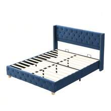 With Slatted Base And Headboard, Button Tufting, Rivet Decoration, Wooden Legs, Linen - 藍色 - 查看 10