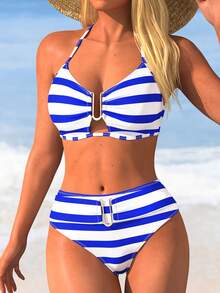 SwimNova New Summer Fashion Women's Halter Striped Bikini Set, Metal Detail High Waist Swim Bottoms, Suitable For Beach Vacation, Date, Party - Multicolor - View 3